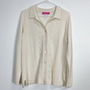 Isaac Mizrahi Live Cardigan Sweater Womens Medium Cream Collar 100% Cashmere